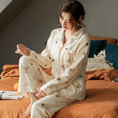Autumn Womens Pajamas, Long-sleeved Korean Gold Diamond Teddy Bear Print Cotton Womens Pajamas, Two Sets of Cartoon Home Wear