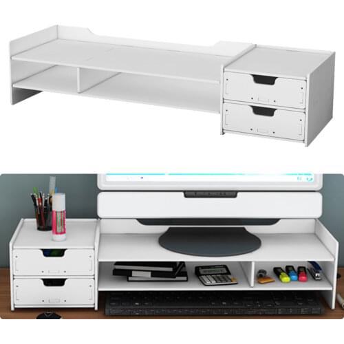 Besegad PC Computer Monitor Stand Riser Laptop Holder Wooden Desk Organizer Shelf with Double Drawer for Home Office Desktop