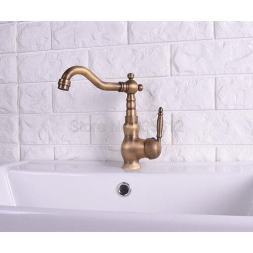 Deck Mounted Kitchen Vessel Sink Sink / Bathroom Basin Antique Brass Single Handle Swivel Faucet Mixer Tap Wsh119