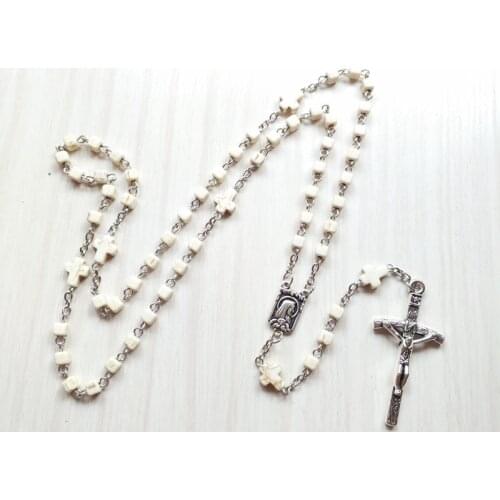 QIGO Catholic Pray Jewelry White Stone Rosary Cross Long Necklace For Men Women