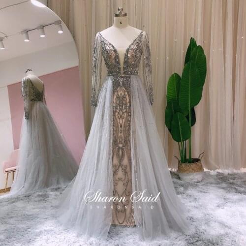 Luxury Dubai Gray Long Sleeve Arabic Evening Dresses with Overskirt Muslim Women Silver Gold Formal Dress for Wedding Party Gown