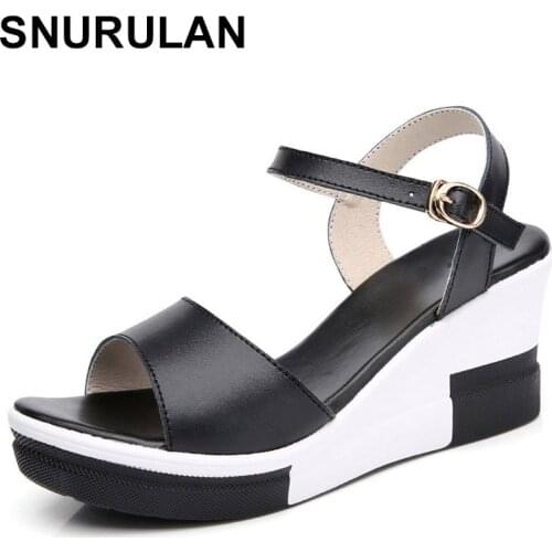 SNURULAN Womens platform sandals, genuine leather shoes, white flat shoes, high heels, summer platformE104