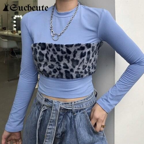 SUCHCUTE Gothic Leopard Fur Patchwork Womens T-Shirt E-Girl Skinny Female Goth Aesthetic Tee Autumn Streetwear Crop Tops