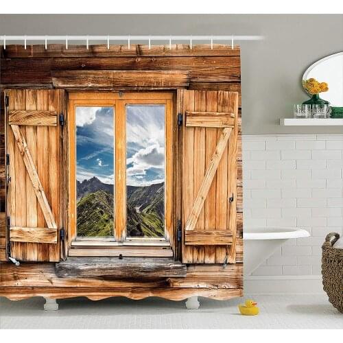 Mountain and Sky View from a Wooden Shuttered Window Room on Top of the Hills Nature Look Polyester Fabric Bath Shower Curtain