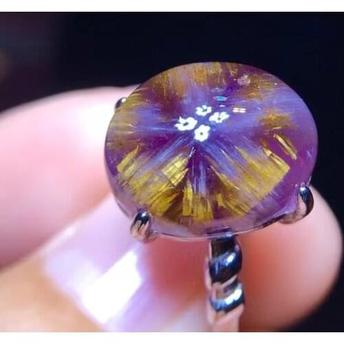 Top Quality Natural Canada Auralite 23 Cacoxenite Adjustable Ring 14.5/10mm Purple Rutilated Oval 925 Sterling Silver AAAAAA
