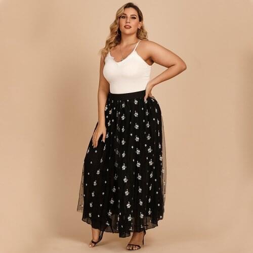 XL To 4XL Plus Size Women Skirt Mesh Floral Embroidery Summer Long Skirts Elastic High Waist Loose Casual Skirt for Ladies T0146