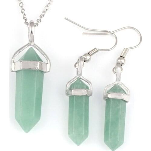 YJXP Silver Plated Small Hexagon Natural Green Aventurine Pendant Link Chain Necklaces and Drop Earrings Charms Jewelry Sets