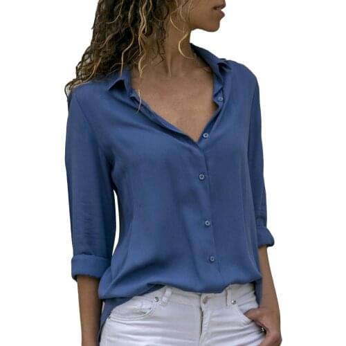 Office Lady Autumn Deep V Neck Turn Down Collar Chiffon Loose Buttons Down Shirt Womens Tops Blouses Office Lady Blouse Slim