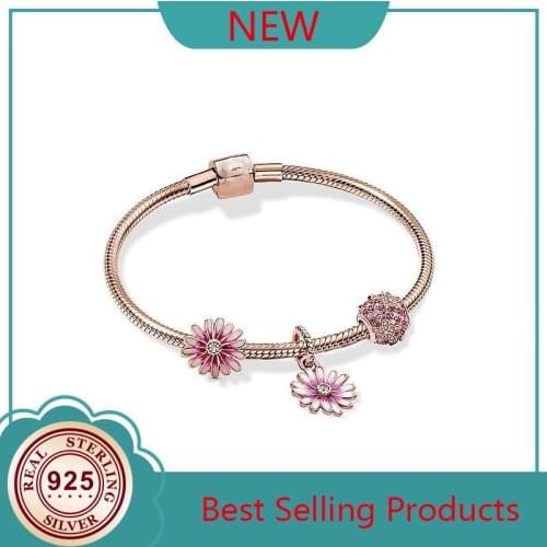 2020 New 925 Sterling Silver Rose Gold Brilliant Daisy Beaded Pan Bracelet Set For Women Wedding Party Gift Fashion Jewelry
