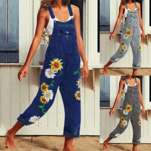 SAGACE Sunflower print womens fashion denim print Jumpsuit 2021 summer trend Korean Hong Kong style womens pants jeans mujer