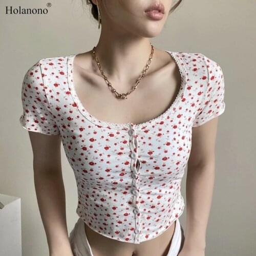 Holanono Women Scoop Neck Button Down Floral Print Crop Tee Short Sleeve Floral Printed Crop Top