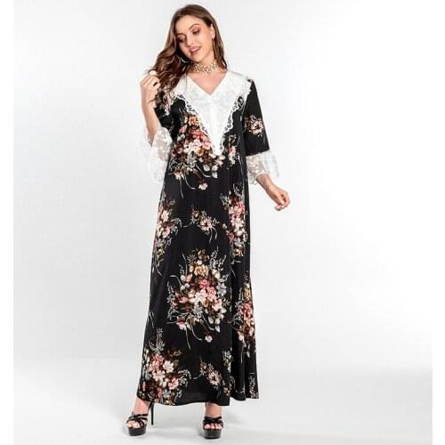 Muslim Print Dress 2021 Elegant Kaftan Abaya Dubai Evening Gowns Plus Size Robe Femme Musulmane African Lace Dresses For Women