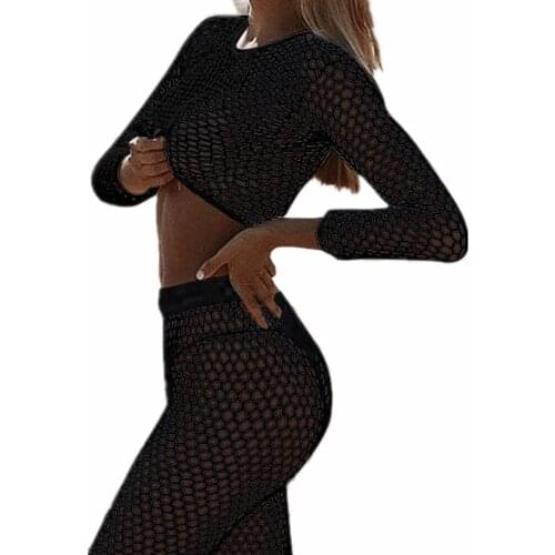 Women Sexy Bikini Beach Cover-up Paereo Swimwear Cover Outfits Mesh Beach See Through Fishnet Long Sleeve Blouse And Long Pant