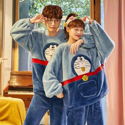 Winter Couples Pyjamas Set Cartoon Doraemon Cat Thicken Pyjamas Women Sleepwear Homewear Coral Fleece Lover Two-piece Pajamas