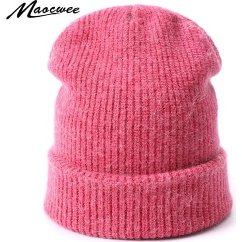Winter Rabbit Beanies Hat For Women Outdoor Warm Bonnet Ski Caps Female Soft Solid Color Knitted Hats Comfortable Girls Bonnet
