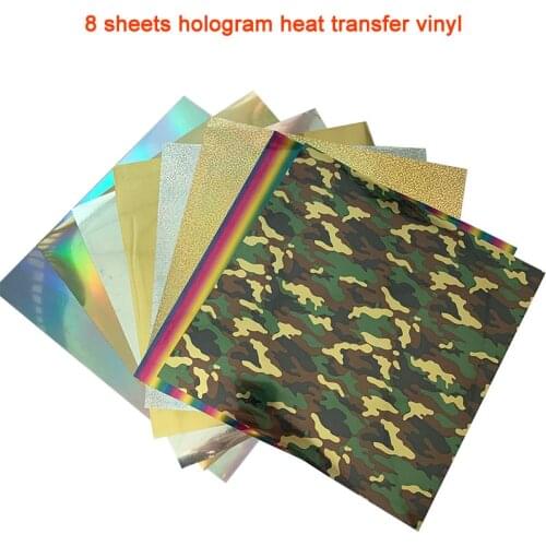 Free shipping 8 sheets 25cmx25cm hologram Heat Transfer Vinyl Camouflage Rainbow Metallic & Laser Iron on Film HTV T-shirt