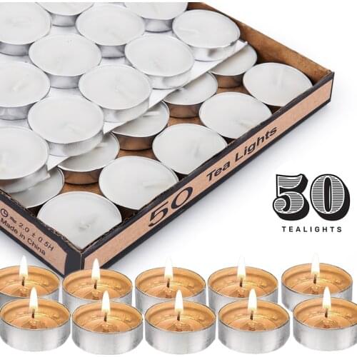 Tea Light Candles, White Unscented Travel, Centerpiece, Decorative Wedding Candle, 4 Hour Burn Time, Pressed Wax, 50 Bulk Pack