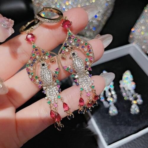 European and American Vintage Palace Micro-inlaid Color Zircon Long Tassel Earrings Solid 925 Silver Cute Bird Animal Jewelry