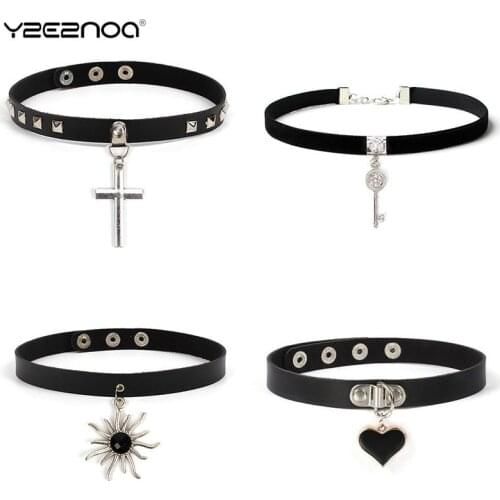 PU Leather Cross Sun Key Heart Necklace Rock Punk Chocker Statement Jewelry Hot Women Collar Necklace Spike Choker Gothic