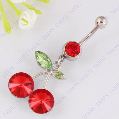 Belly button ring Cherry Fruit body piercing jewelry Retail Woman belly bar 14G 316L surgical steel Free shipping TAIERS