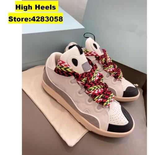 RunWay Casual Designer Women Shoes Trainer White Genuine Leather Patchwork Lace Up Thick Sole Casual Shoes Bumper Sneakers Boots