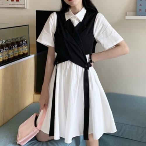 HOUZHOU Summer Dress Women White Shirt Dresses Two-piece Suit Casual Korean Preppy Style Loose Sundress Streetwear Harajuku