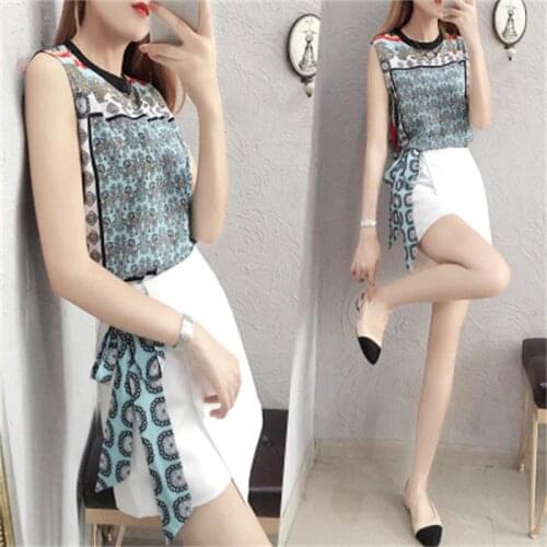 Fashion folk-custom suit female summer New temperament casual print sleeveless vest + short skirt two-piece suit women