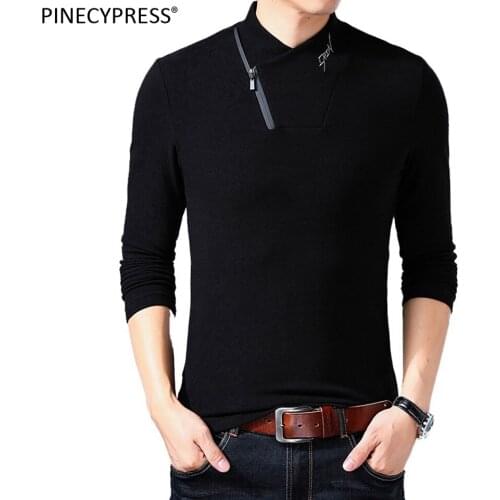 Men T Shirts 95% Cotton 5% Spandex Long Sleeve Asian Size Zipper Fashion Grey Black V-neck Quality Long-sleeved Man T-shirts