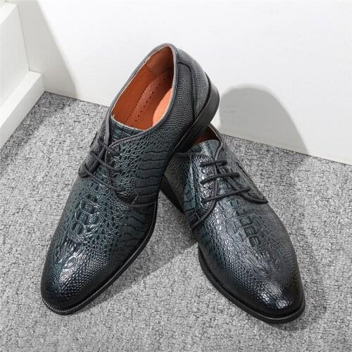 New Vintage Spring Autumn Men Shoes High Quality Crocodile Formal Dress Leather Shoes Business Wedding Oxfords Lace-Up Loafers