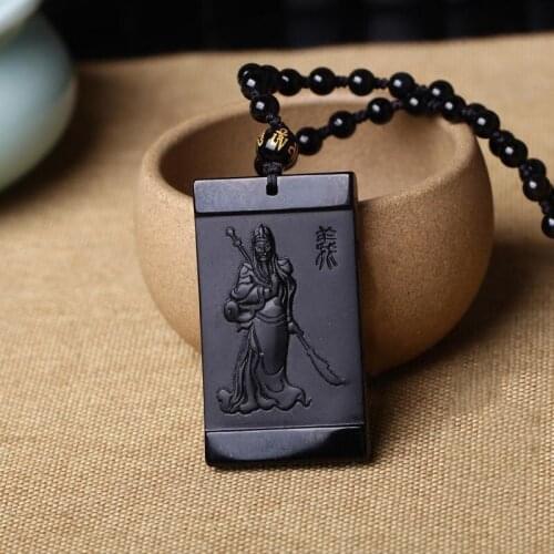 Natural Obsidian Hand carved Guan Gong Pendant Jewelry Lucky to ward off Evil Auspicious Amulet Pendant Jade Fine Jewelry