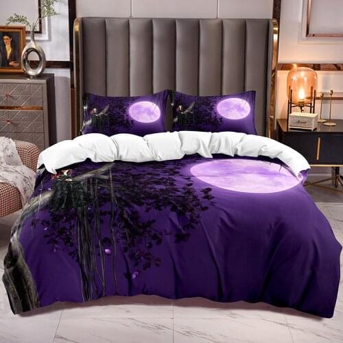 Teens Duvet Cover with Girl Sitting on Tree Print Purple Moon Bedding Comforter Cover with White Reverse Quilt Cover Zipper