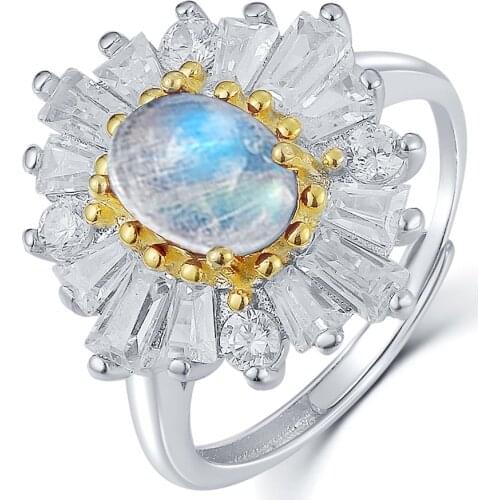 Adjustable Size Ring 925 sterling silver Two Tone gold plated Rainbow Blue moonstone ring Oval 1.25ct Moonstone Ring