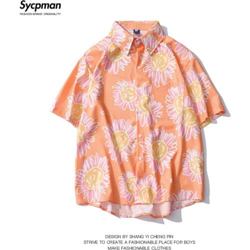 Mens short-sleeved shirt 2021 new summer loose casual button cardigan creative plant flower pattern printing lapel top
