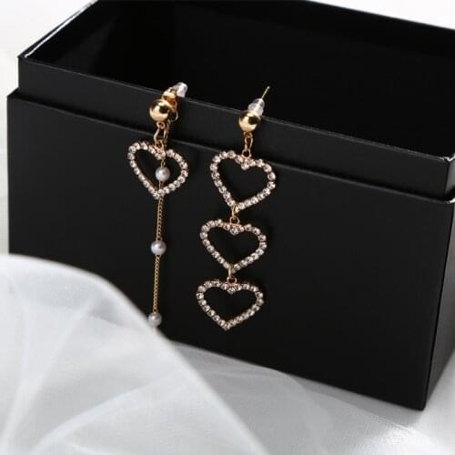 Geometric Asymmetry Heart Love Pendant Earrings For Women Pearl Shiny Rhinestone Tassel Earrings Girls Charm Ear Jewelry