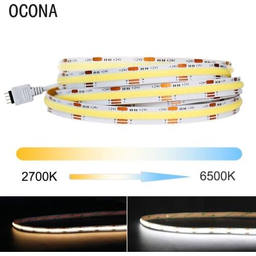COB CCT LED Strip DC24V 2700K to 6500K Changeable RA90 Livingroom Decor Wall Flexible LED Ribbon Tape White Linear Lights FOB