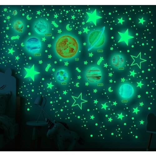 Luminous Planets of The Solar System Meteor Stars Dot Fluorescent Stickers Childrens Room Self-adhesive Cartoon Wall Stickers