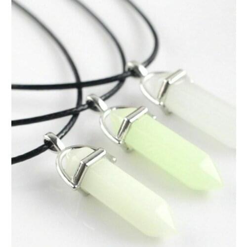 Dark Luminous Stone Fluorescent Hexagonal Column Necklace Dark Glowing in Necklace Natural Leather Crystal Stone Bullet Pen J3E3