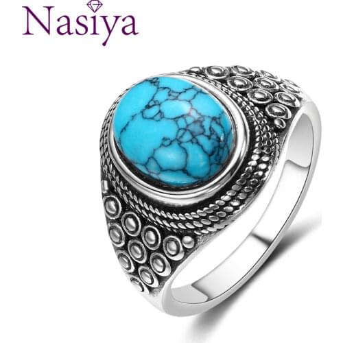 Punk Oval Natural Turquoise Rings for Women 925 Silver Fine Jewelry for Women Anniversary Party Birthday Gift Daily