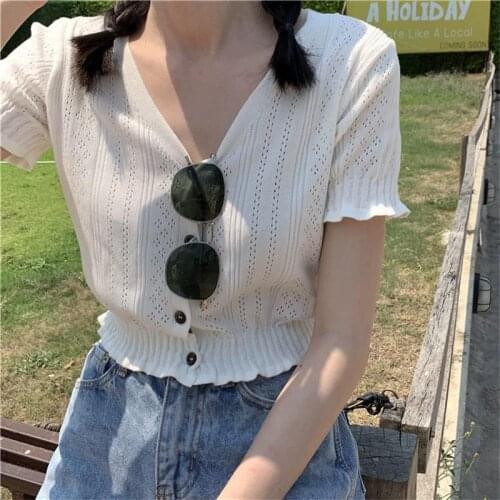 Women Knitted T-shirts V-Neck Button Up Tees Short Sleeve Casual Crop Tops For Women 2021 Summer T-Shirts
