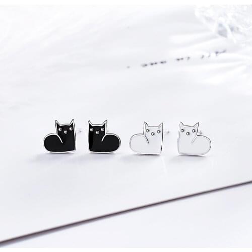 Super Cut Small Black White Cat 925 Sterling Silver Stud Earring For Women Korean Trendy Jewerly Aretes De Mujer