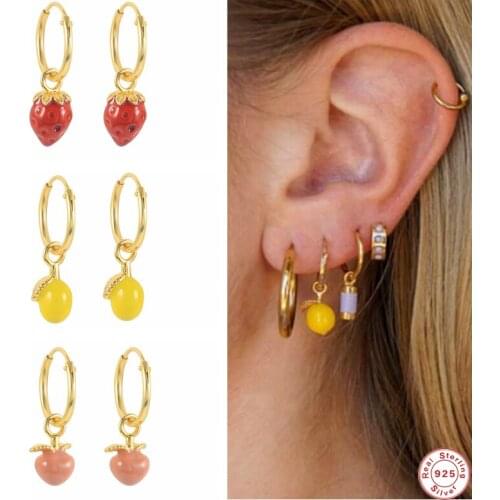 GS 925 Sterling Silver Colored Enamel Lemon Peach Strawberry Pendant Dangle Earrings Summer Fruit Collection Drip Oil Jewelry