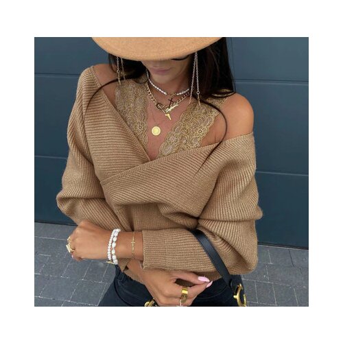 Womans Spring Autumn Sexy Sweater Ladies Patchwork Design Lace Decor Halter Long Sleeve Solid Color Casual Loose Pullovers Tops