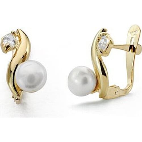 Earrings gold bicolor 18k Pearl 6mm. Zircon girl first communion closeup stick Catalan
