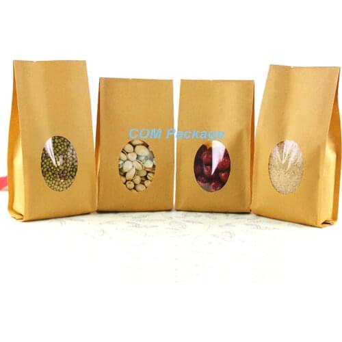10*22+6cm Brown Kraft Paper Top Open Food Coffee Storage Party Bag With Clear Window Heat Seal Packaging Pouch Side Gusset Bag