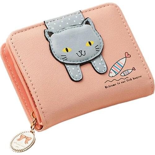 10PCS / LOT Cute Cat Women Short Wallet and Purse Small Zipper Girls Wallet Fashion PU Leather Female Coin Purse Card Holder Bag