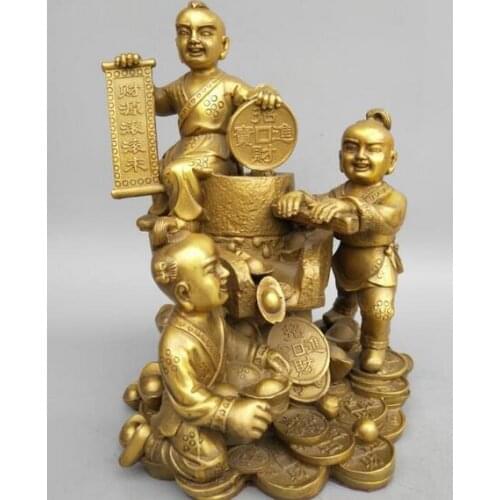 27cm Chinas carving pure brass three Lucky Boy wealth coin statue