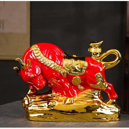40CM LARGE 2021 good luck home OFFICE BAR CLUB Business ART FENG SHUI bring wealth RED GOOD LUCK BULL Ornament statue Wine pot