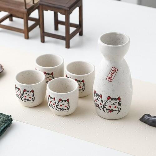 5 Pcs Ceramic Japanese Sake Set Bottle Cups With Cork Stopper Bar Crockery Wine Warm Sets 16 Pattern Creative Gifts Wood Tray