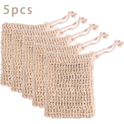 5 Pcs Natural Handmade Cotton Sisal Soap Bag Exfoliating Cleansers Soap Saver Pouch Holder Bath Soft Foaming Massage Organic Bag