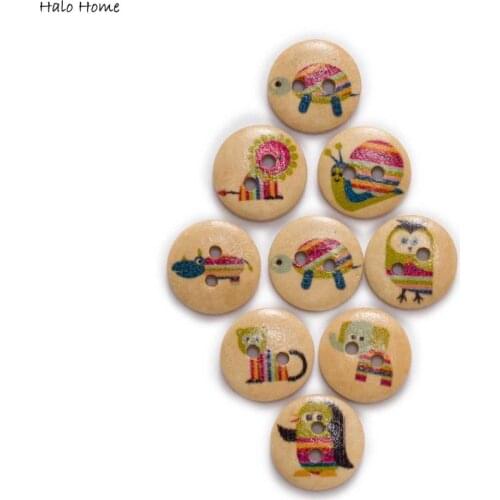 50pcs Cute Animal Printing Round Wood buttons Sewing Scrapbook Clothing Gifts Crafts Handwork Accessories Jacket Blazer 15mm